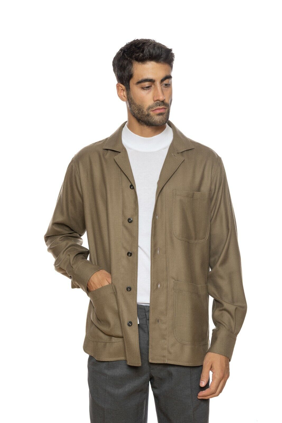 $1600 CARUSO Overshirt Shirt Casual Jacket 100% Cashmere Green Olive Relaxed Fit