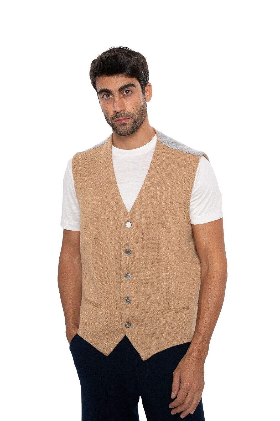 $1800 FEDELI  "Baltimora" Beige / Gray Cardigan Vest 100% Cashmere 46 US / 56 EU