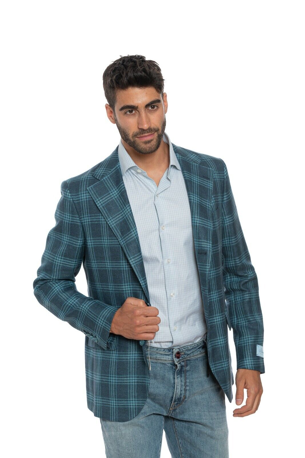 2180$ BELVEST Blue / Aquamarine Jacket Hemp + Wool Checks Super Slim Fit 
