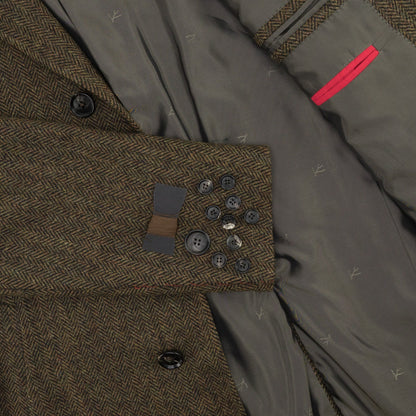 $7250 ISAIA Sartorial Overcoat Coat Herringbone Flannel Wool Olive Green - Brown