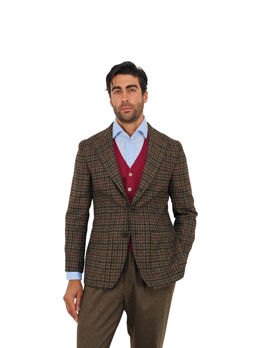 $1690 RUBINACCI NAPOLI Green Brown Checks Jacket English Wool Handmade in Napoli