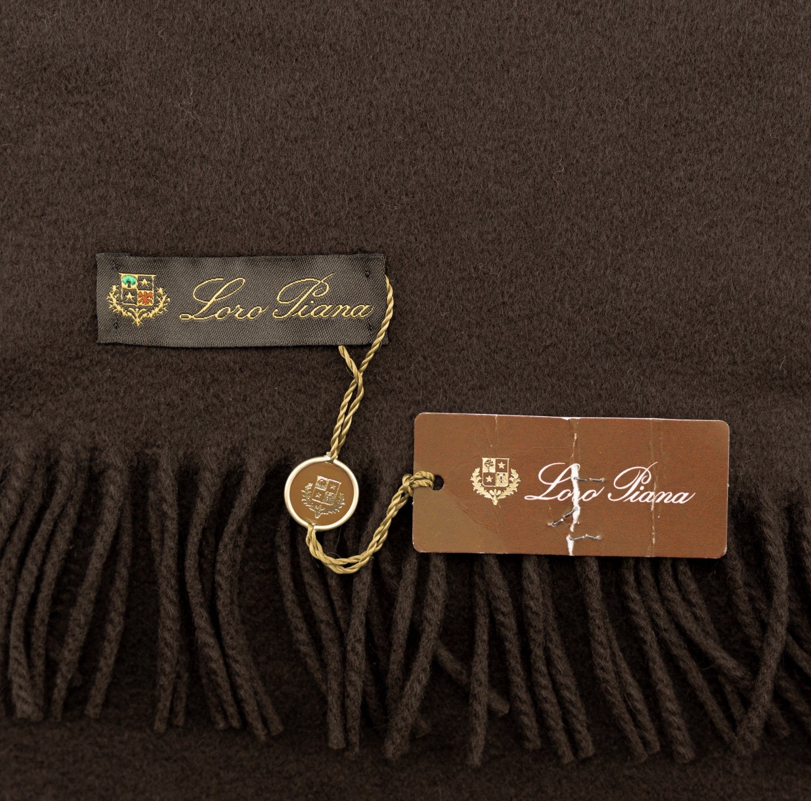 2000$ LORO PIANA Dark Brown 100% Cashmere Fringed Scarf