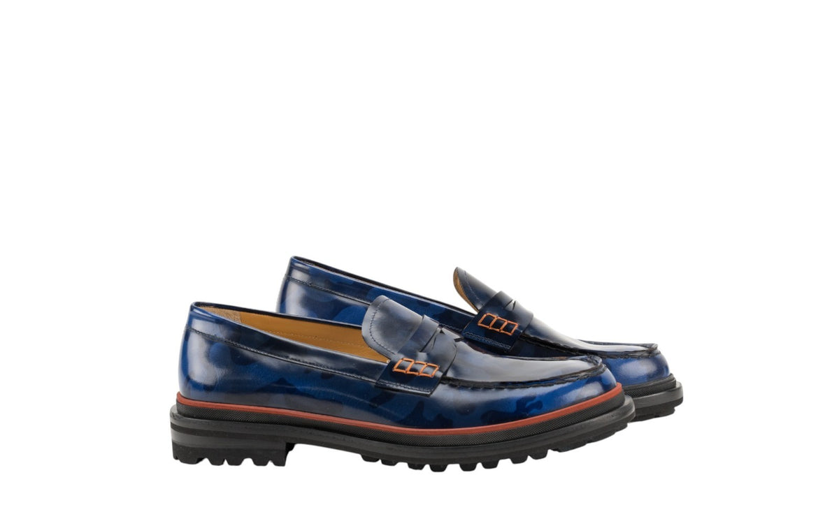 1050$ TESTONI Penny Loafers Shoes Camouflage Calf Navy 8 UK / 9 US / 42 IT