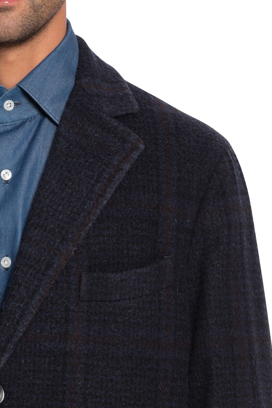 $1850 BOGLIOLI Dark Blue Long Coat Martingale Checks Flannel Wool 40 US / 50 EU