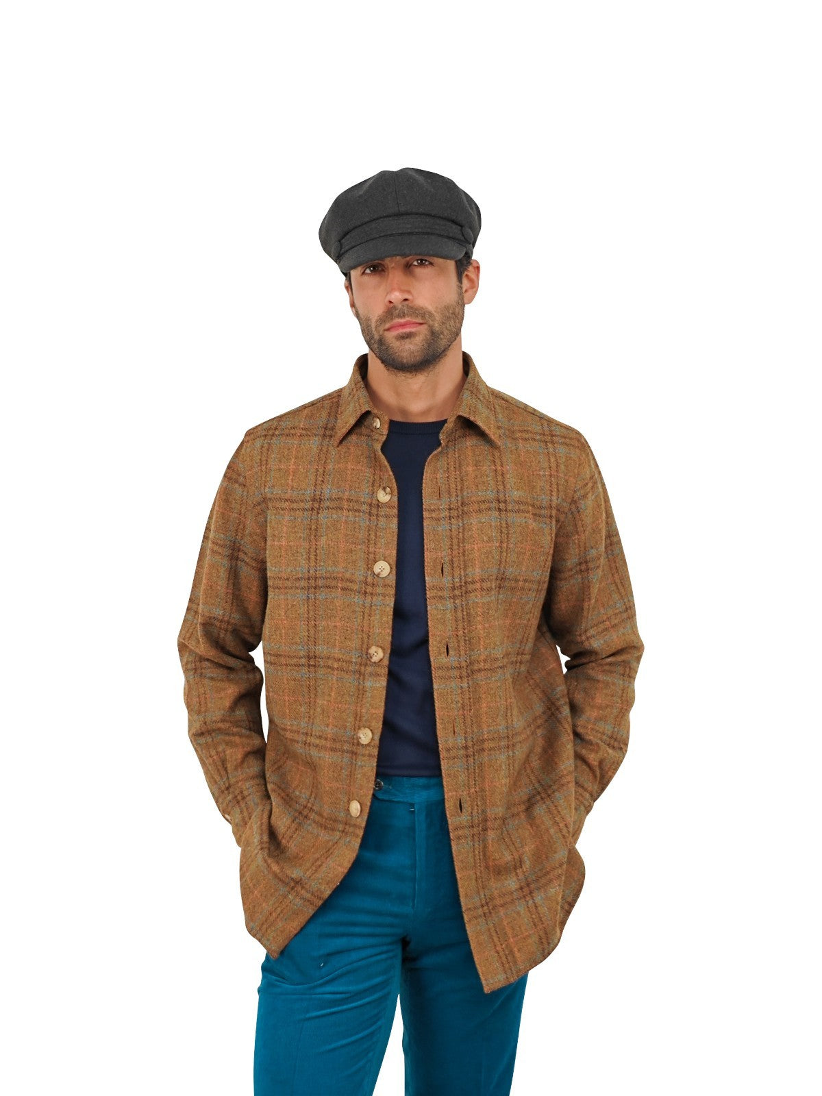 $950 RUBINACCI NAPOLI Brown Checks Overshirt Jacket Flannel Wool Size M