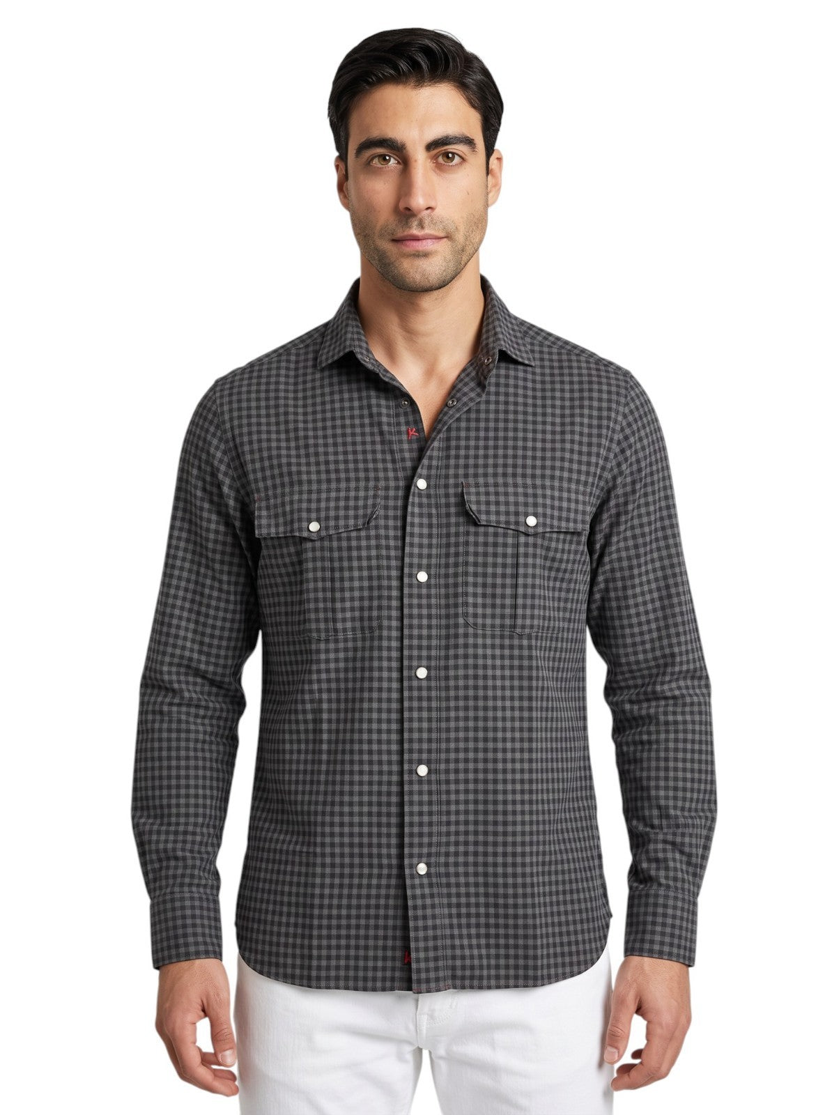 850$ ISAIA "Western" Casual Shirt Pockets Gray Checks Fine Cotton 15.5 - 39