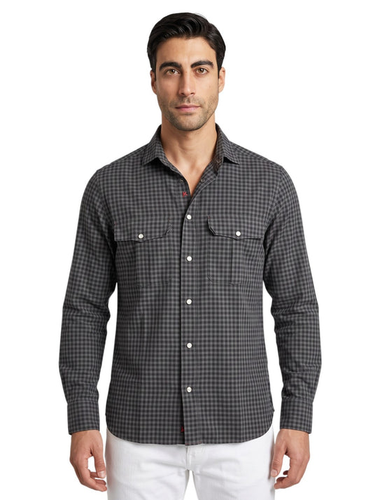 850$ ISAIA "Western" Casual Shirt Pockets Gray Checks Fine Cotton 15.5 - 39