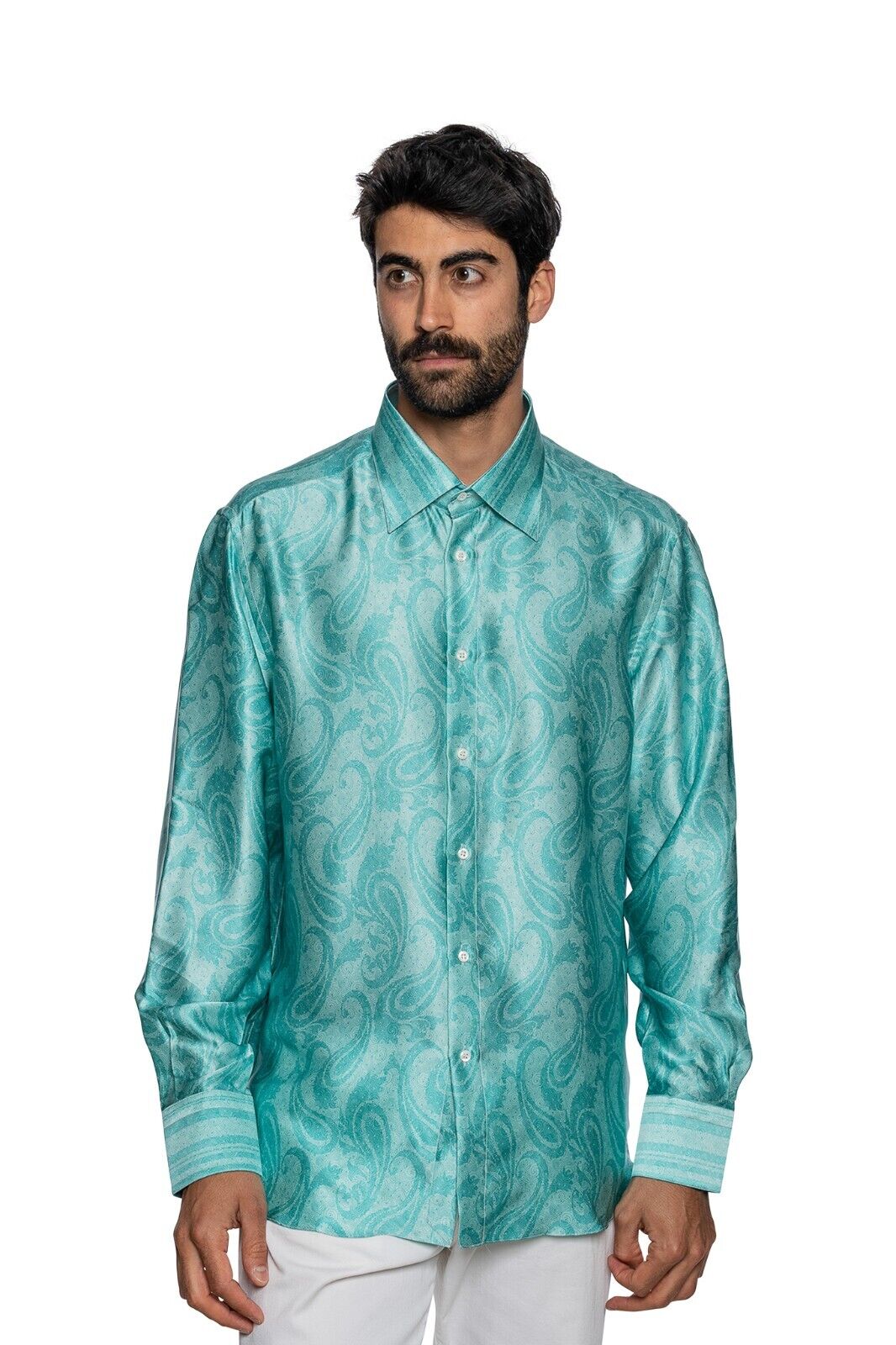 1600$ ITALY LUXURY FABIO CAVIGLIA Shirt " PAISLEY " 100% Silk COMO Satin