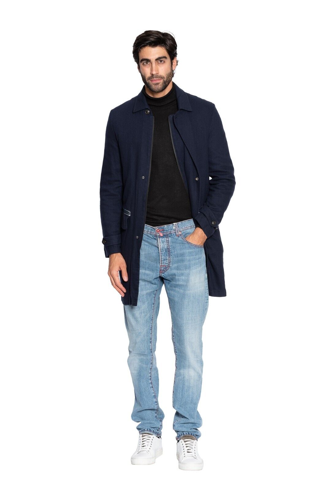 $980 MI.DA TOKYO-FIRENZE Trench Coat Cashmere Blu Filled in Cashmere 38 US 48 EU