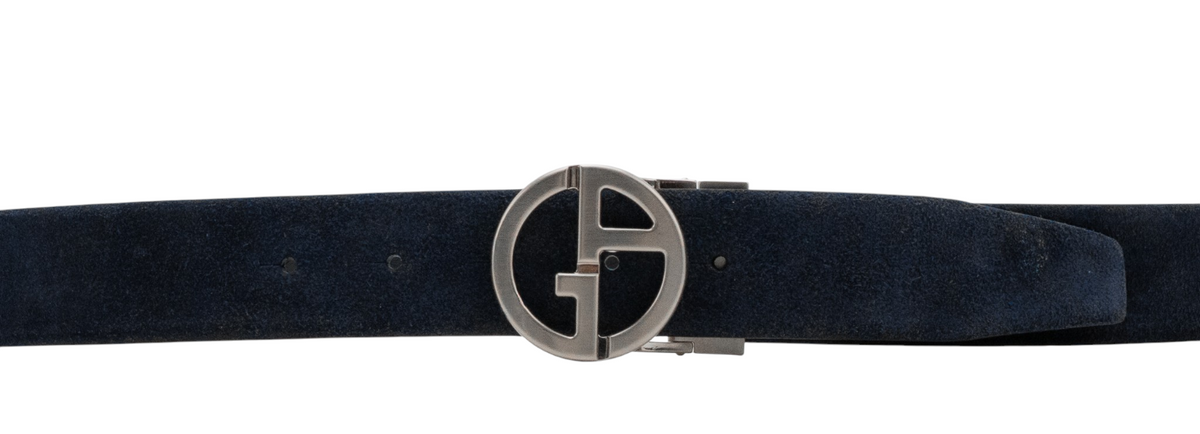 $520 GIORGIO ARMANI Belt Blue Reversible GA Monogram Logo Buckle Suede Size 110