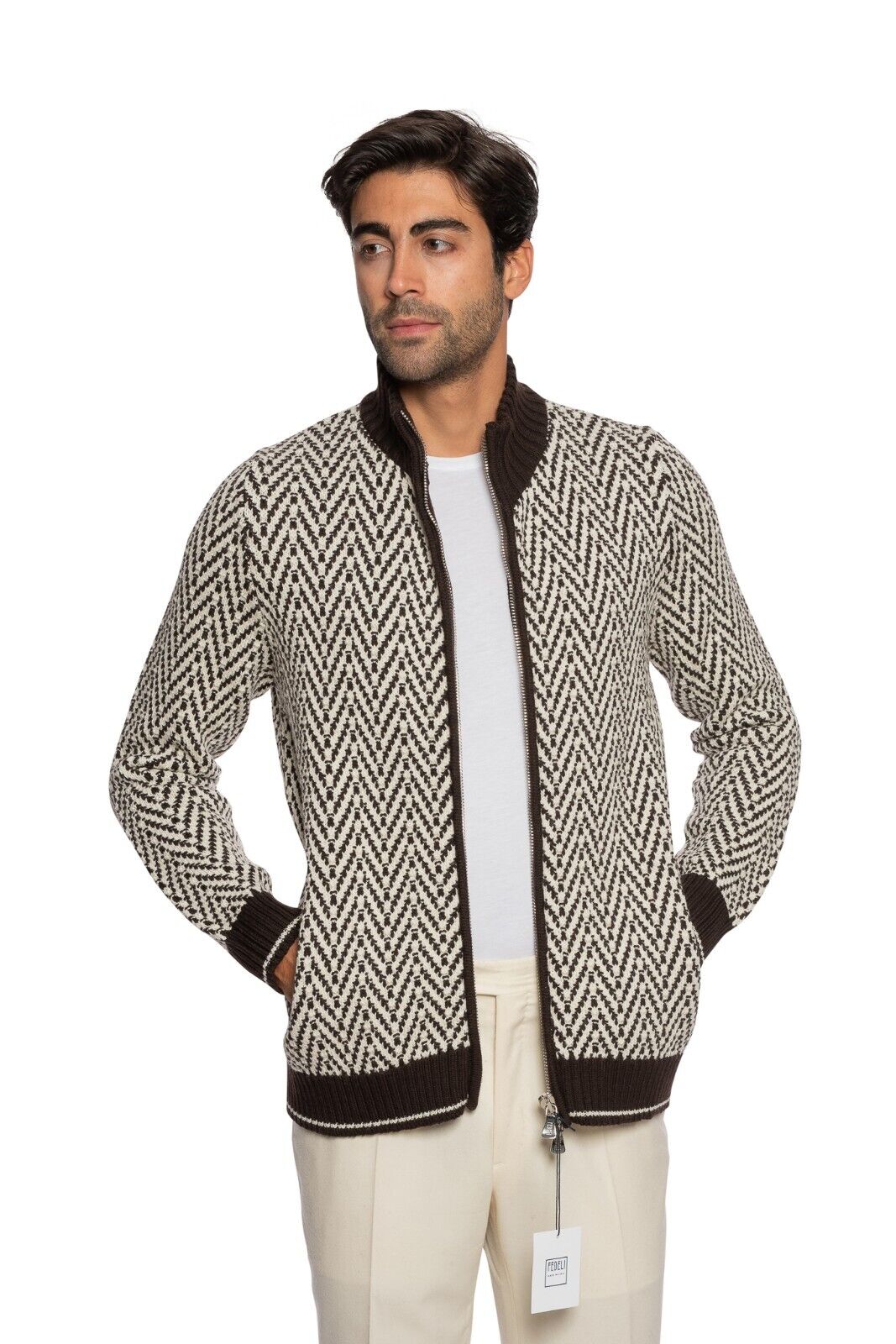$1800 FEDELI CASHMERE Brown Bomber Cardigan Thick 100% Virgin Wool 40 US / 50 EU