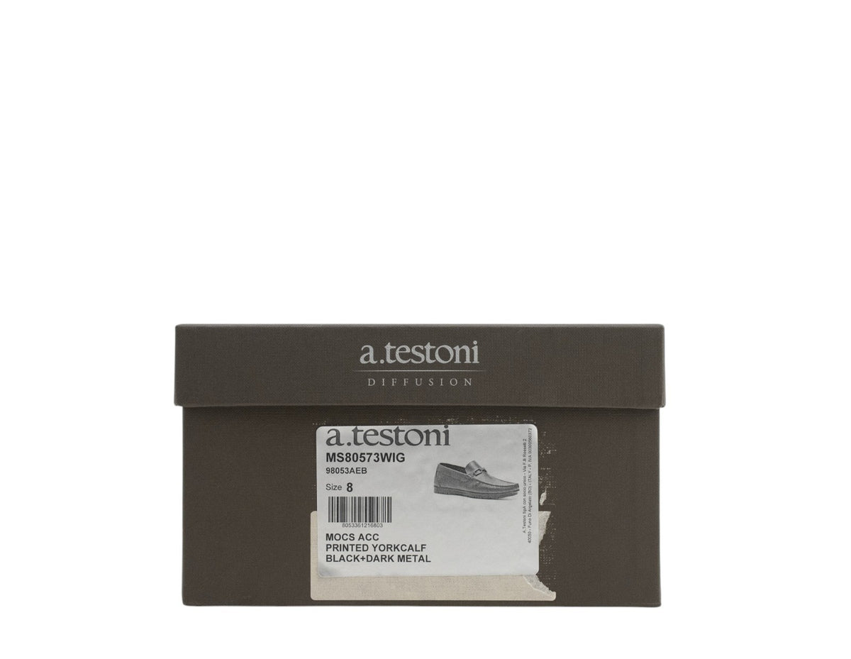 1200$ TESTONI Mocs Black Driver Loafer Printed York Cakf Metal 8 UK  9 US  42 IT