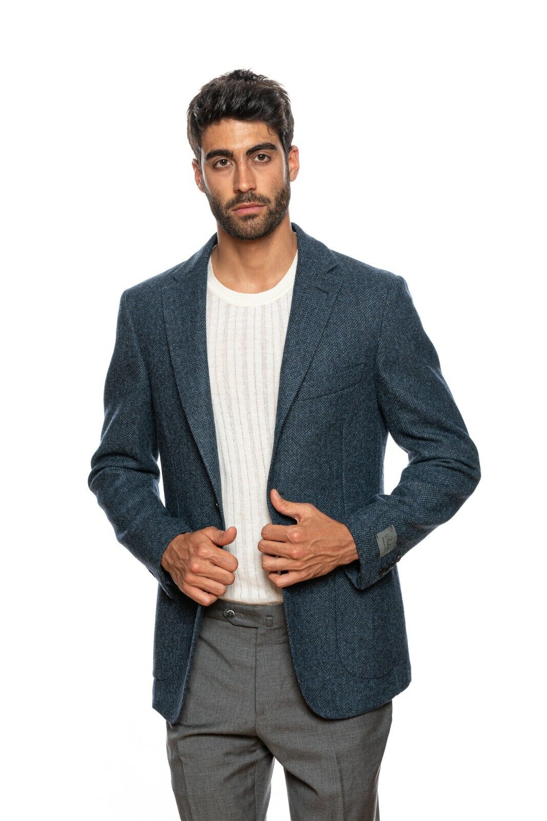 $1795 BELVEST Blue Wool Herringbone Jacket Blazer 46 US  56 EU Drop 7R  F/W 2018