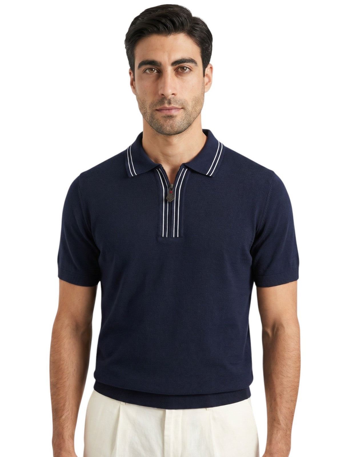 1650$ ISAIA NAPOLI Blue Navy Polo Zip Sweater Wool Silk Cashmere Size M