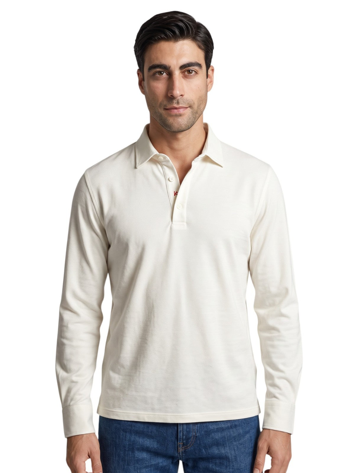 1190$ ISAIA NAPOLI "ICONICO" Ivory Handmade Polo Long Sleeve 100% Wool