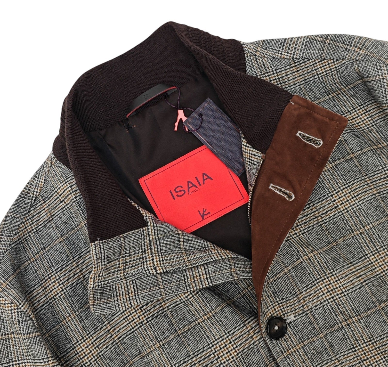 $3800 ISAIA NAPOLI Varsity Bomber Jacket Gray Wool + Suede 38 US / 48 EU