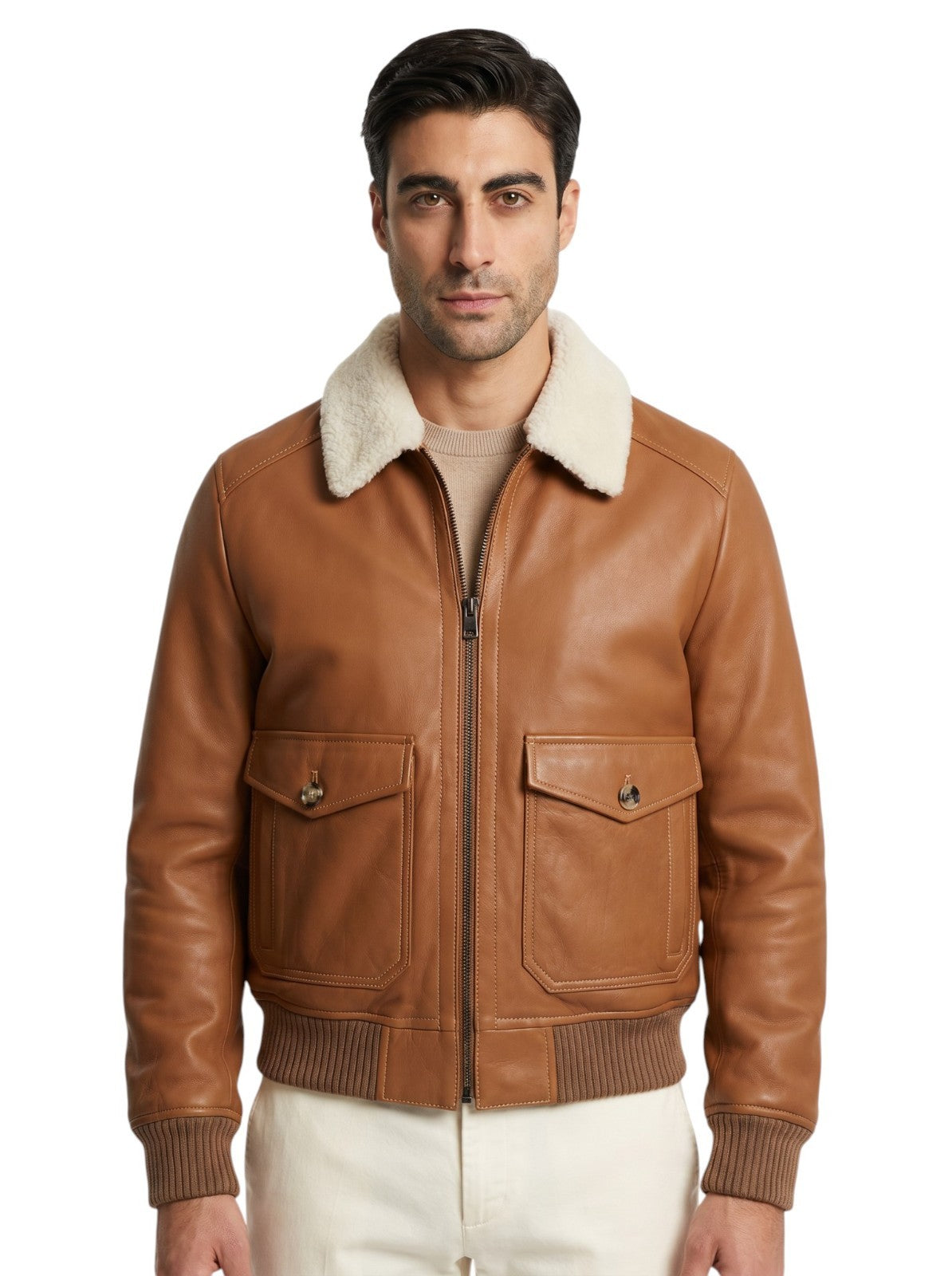 $7275 ISAIA NAPOLI Cognac Brown Aviator Shearling Bomber Jacket 42 US / 52 EU