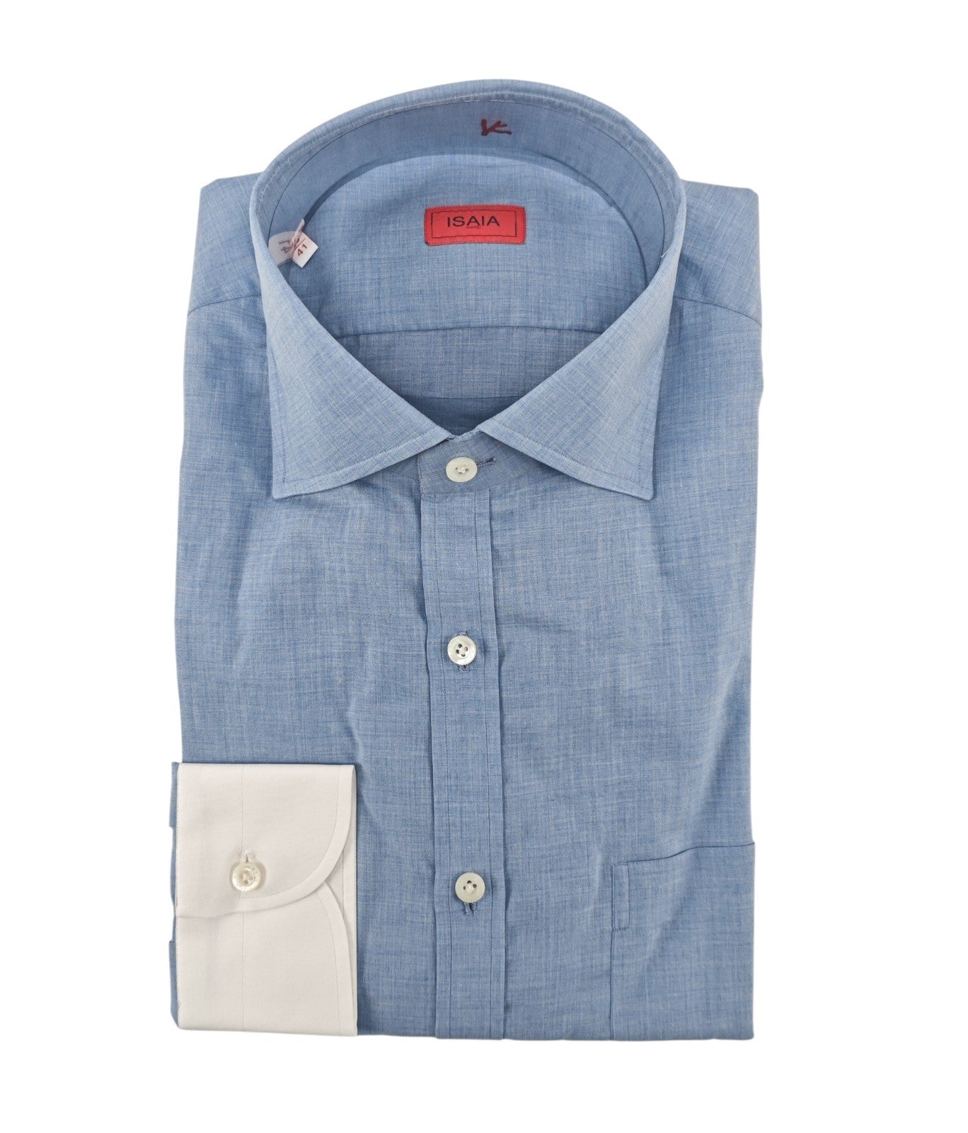 780$ ISAIA "Mix" Dress Pocket Shirt Blue Solid Lightwheight Cotton 16 - 41