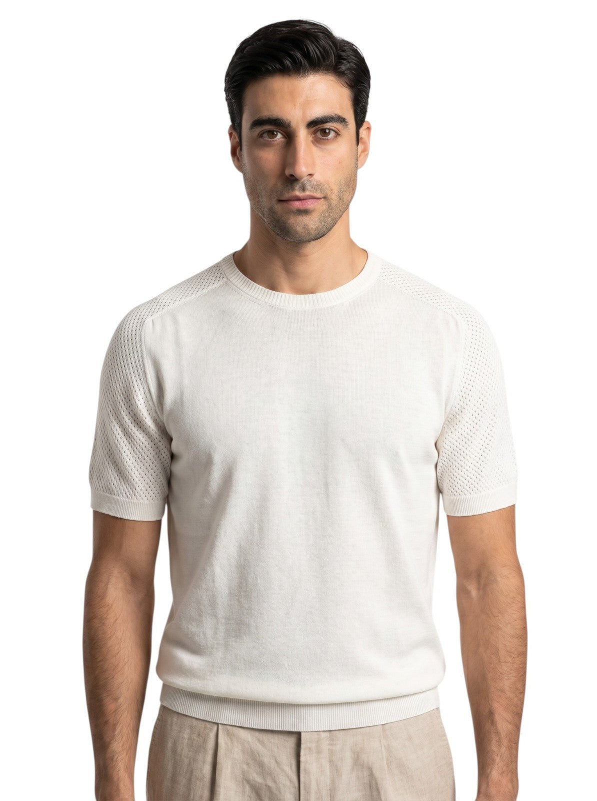 1150$ ISAIA NAPOLI White Perforated T-Shirt Sweater Short Sleeve Knit Cotton  M