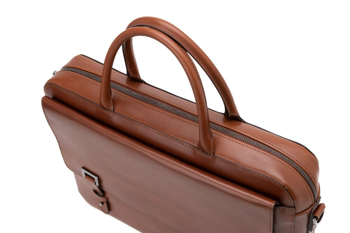 $1090 Testoni Bologna Caramel Briefcase PC Case Deluxe Antiqued Calf 