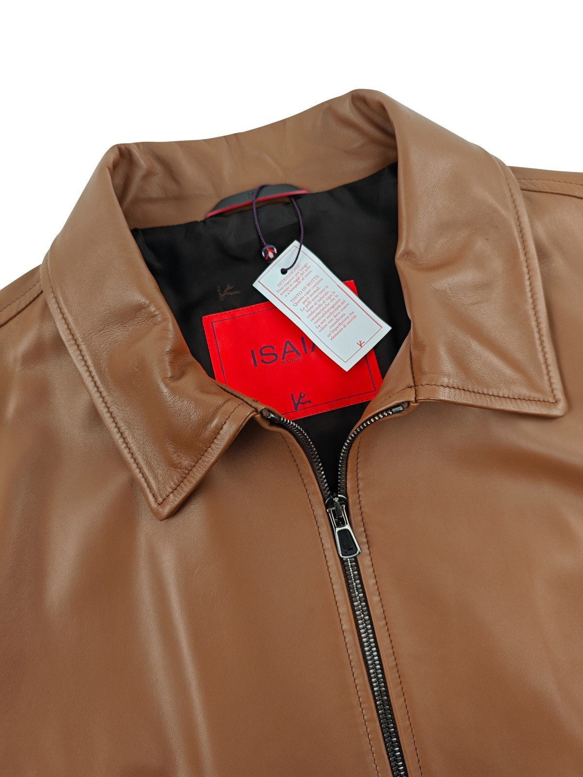 $5800 ISAIA NAPOLI Brown Cognac Bomber Jacket 100% Lambskin Leather 38 US 48 EU