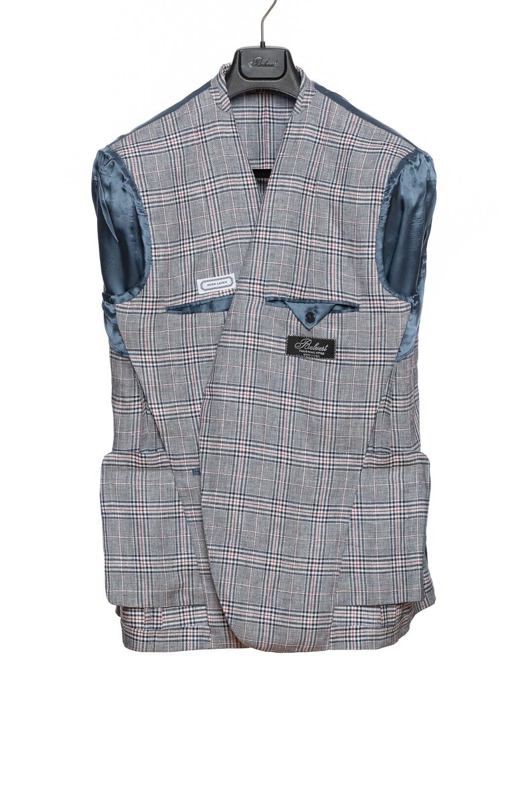 1950$ BELVEST Blue Gray Glen Plaid Pure Linen Jacket 40 US / 50 EU  Court Drop 4