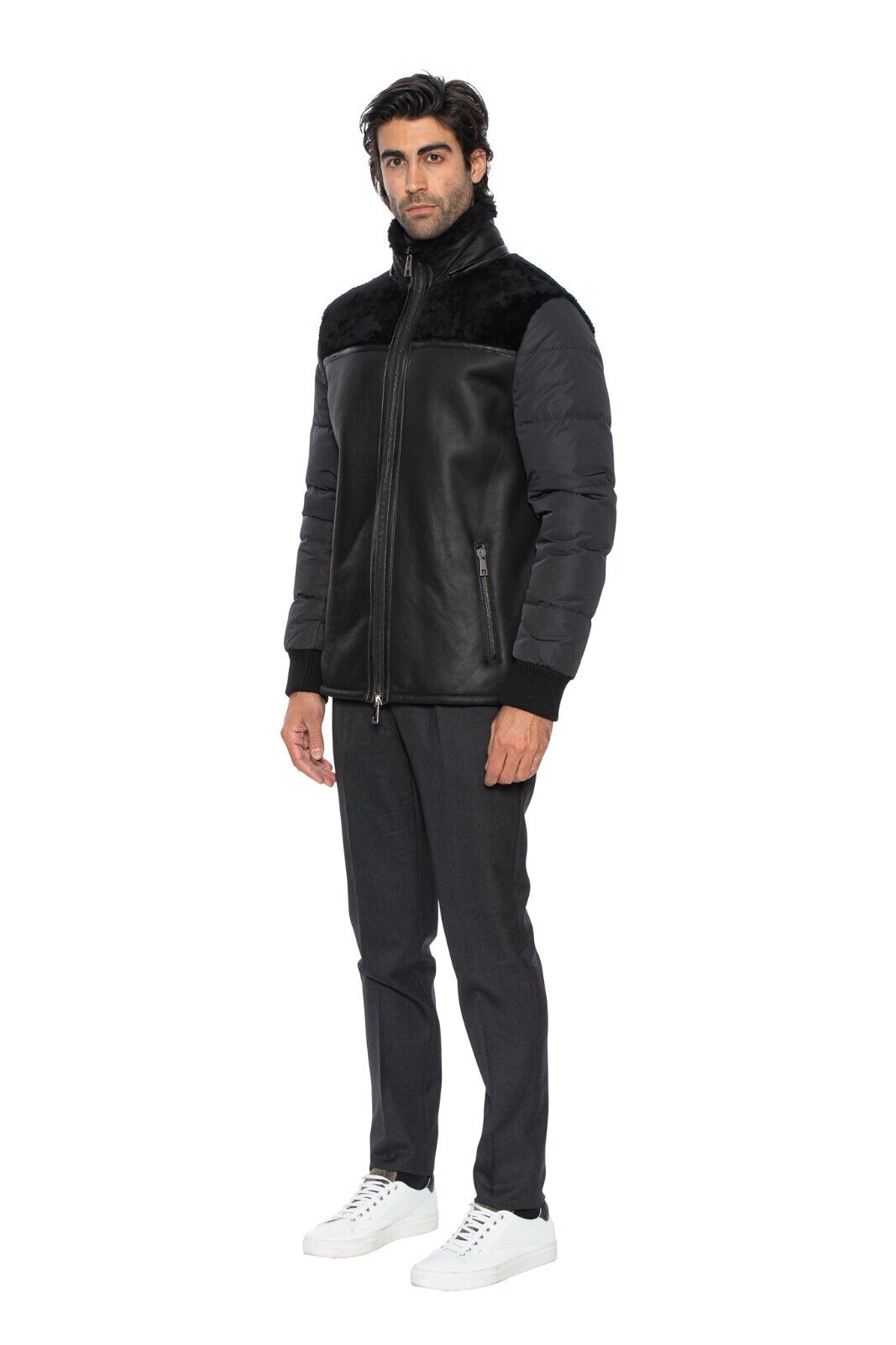 $3885 HETTABRETZ for TESTONI Black Jacket Coat Puffer Goose Down + Shearling