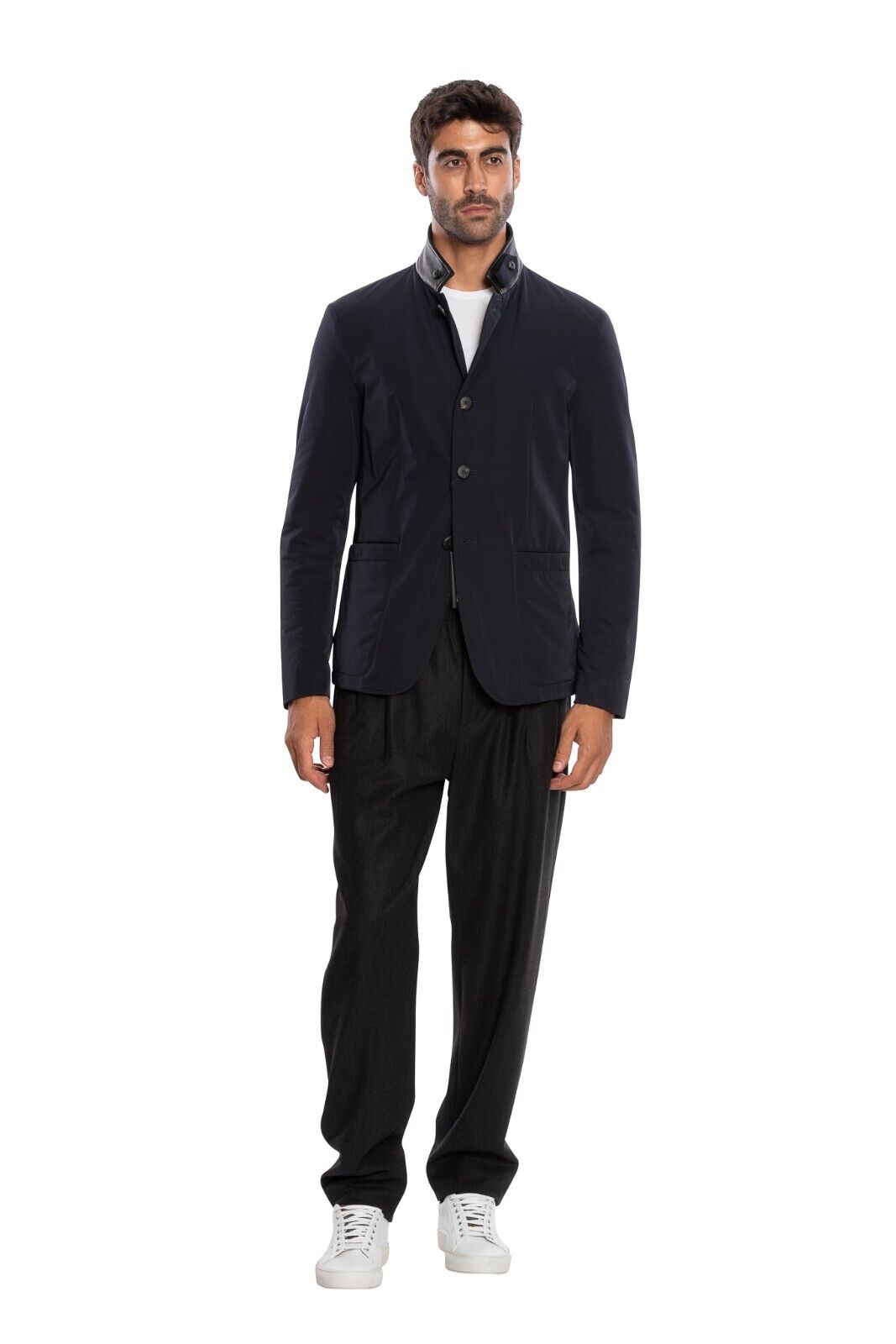 1900$ GIORGIO ARMANI Jacket Blouson Leather Details Dark Blue Water Repellent