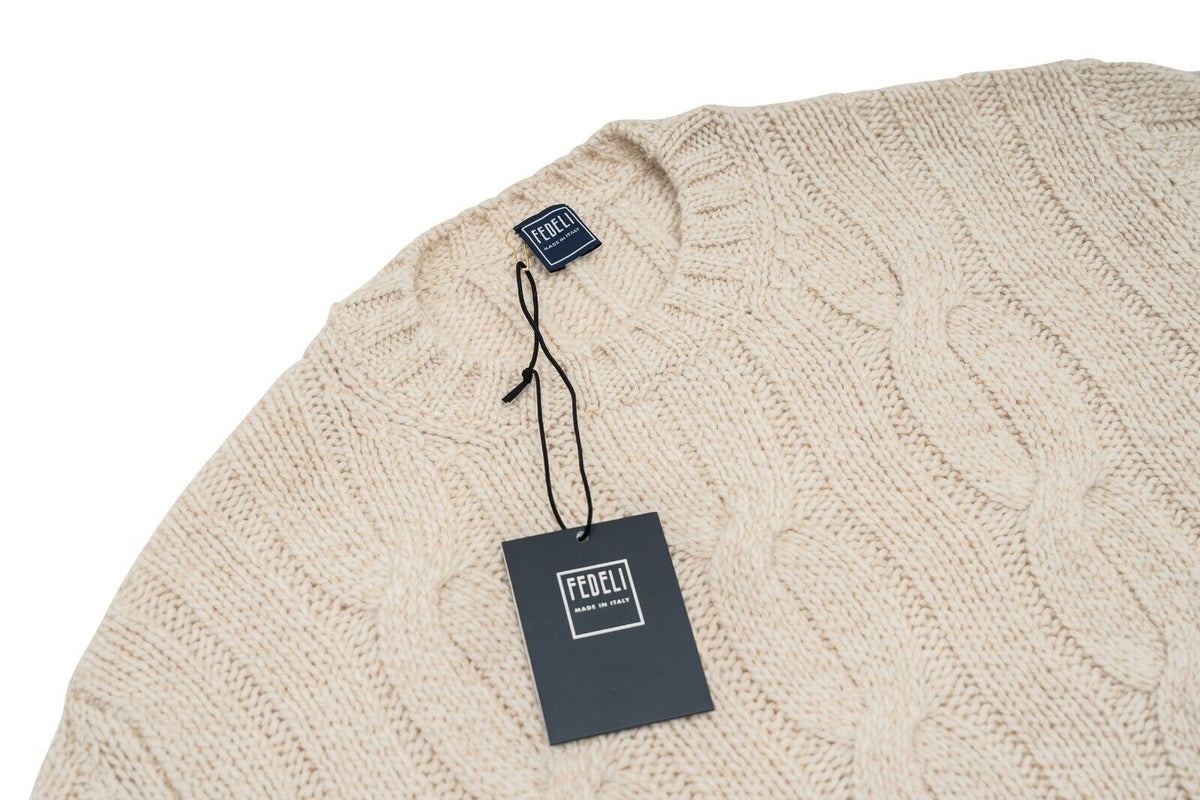 $2190 FEDELI "Malfilè" Ivory Sweater 100% Cashmere Cable Knit 46 US / 56 EU