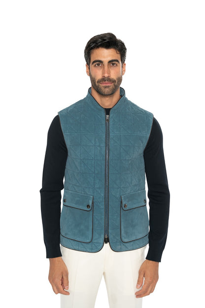4500$ ISAIA NAPOLI Teal Blue Quilted Jacket Vest 100% Lambskin Leather
