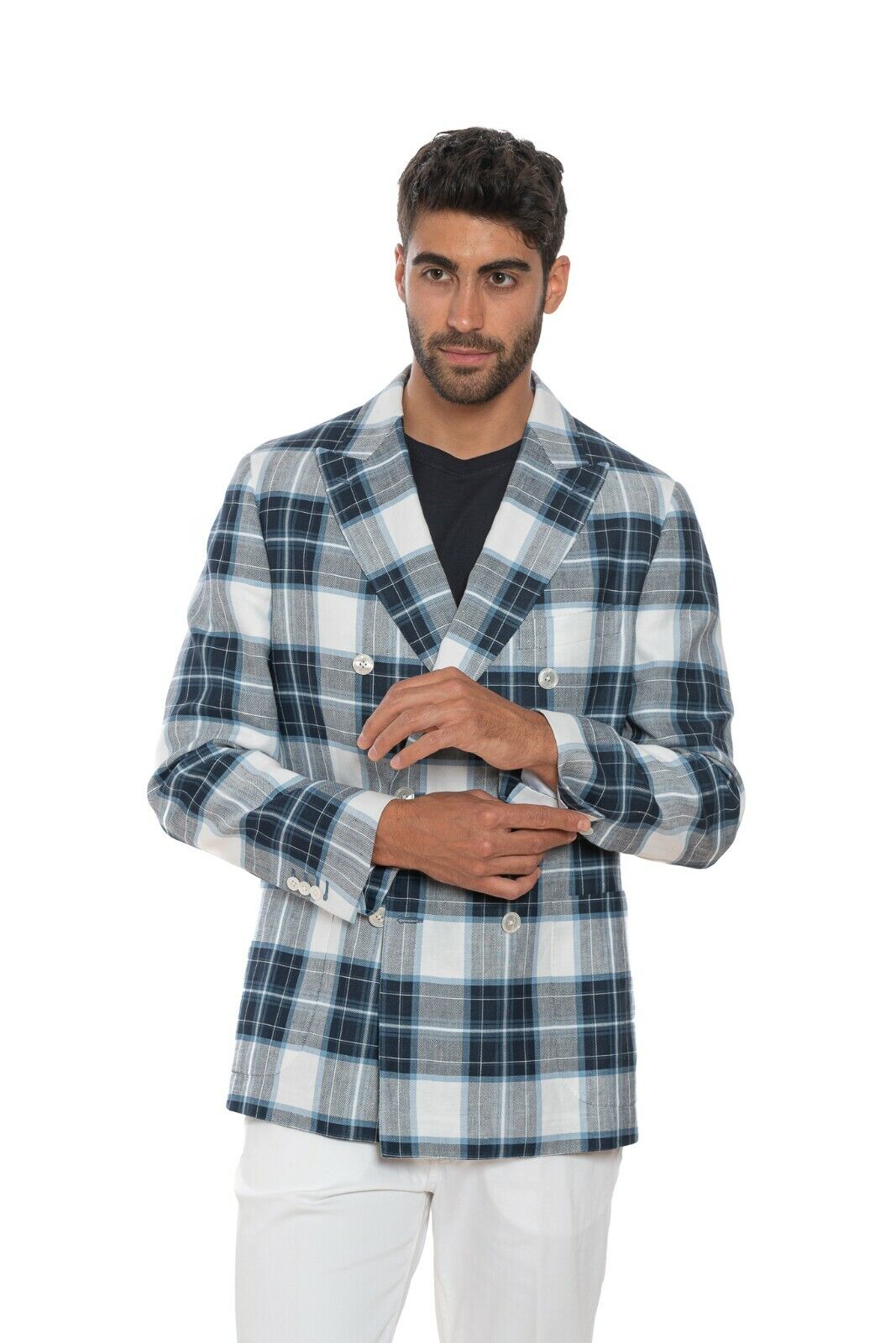 2150$ BELVEST Sartorial Double Breasted Jacket Check Linen Cotton JACKETINTHEBOX