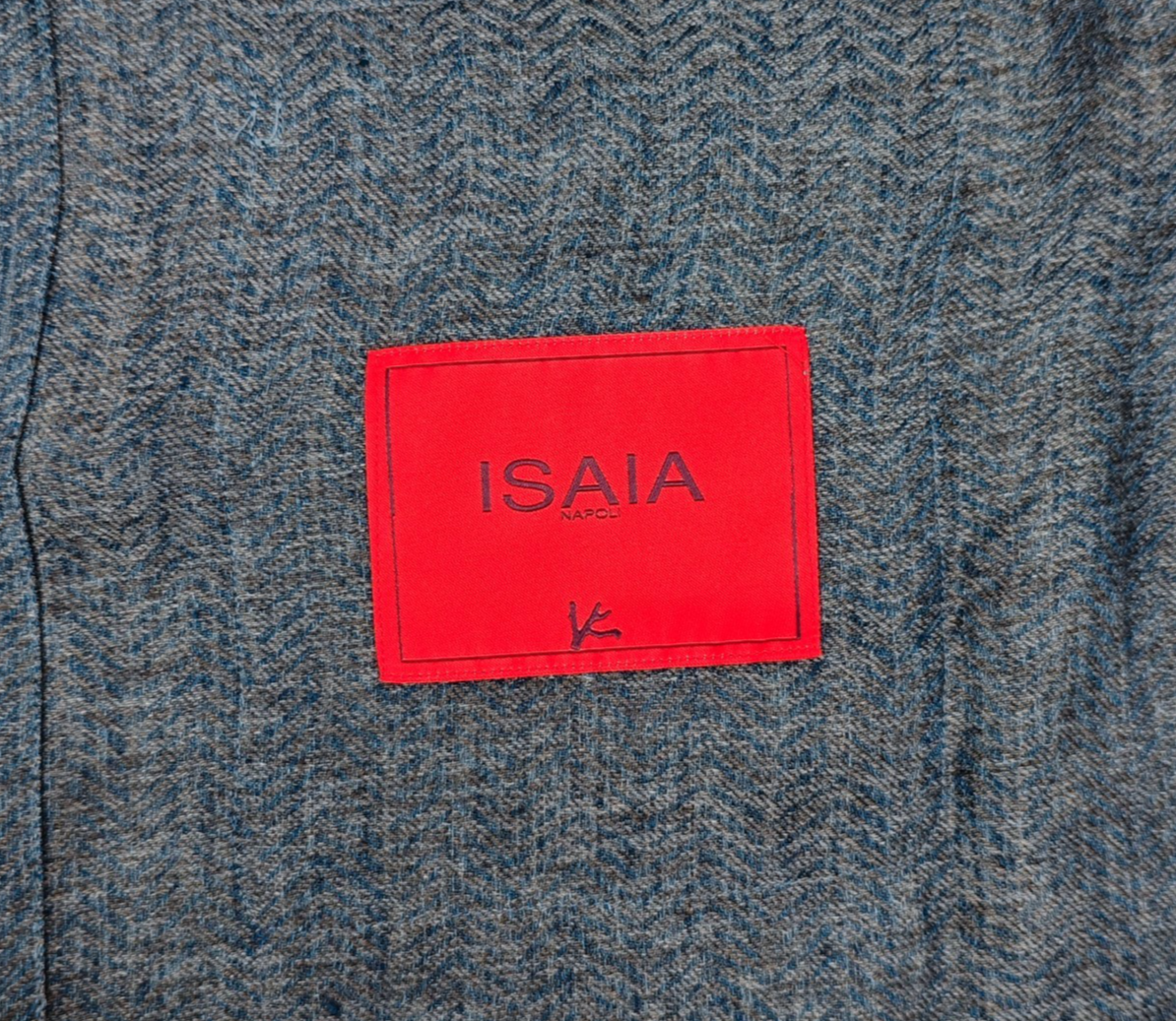 $1550 ISAIA Blue Hand-Sewn Overshirt Jacket 100% Linen Herringbone Size M