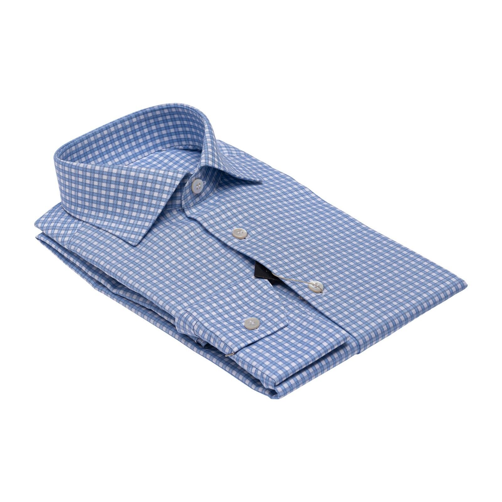 690$ LUXURY GERLIN Shirt Checks Blue / White ALUMO Fine Cotton 4Q ZILLI