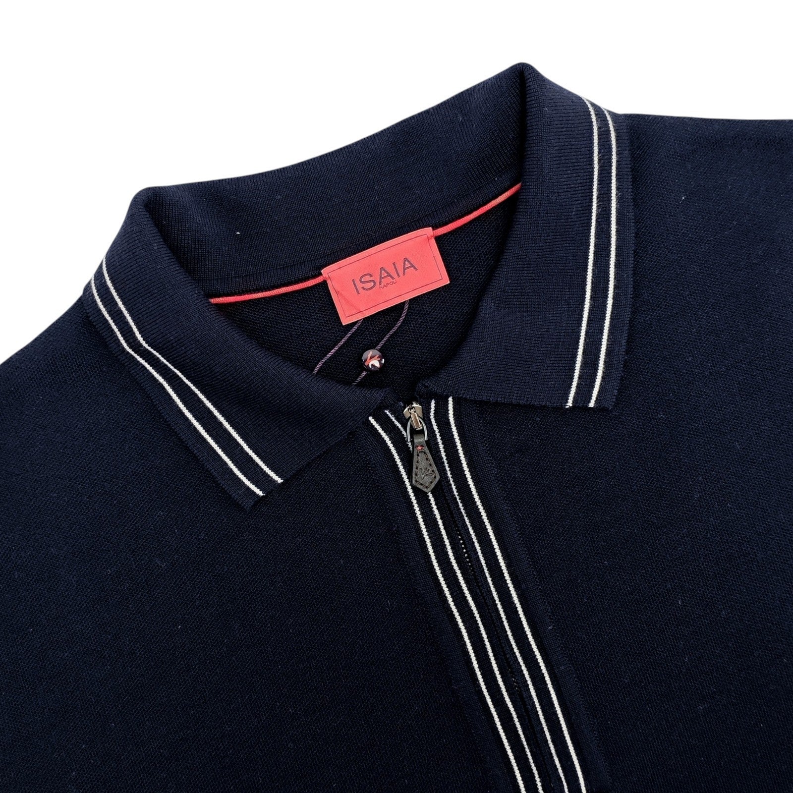 1650$ ISAIA NAPOLI Blue Navy Polo Zip Sweater Wool Silk Cashmere Size M