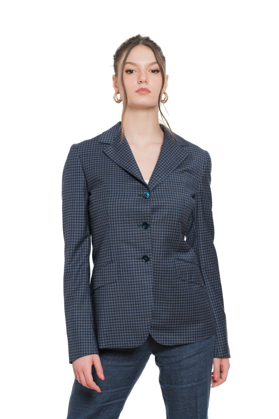 $2490 BELVEST Wool 130's Blue Checks Woman Jacket Blazer 42 IT / 6 US / 38 FR