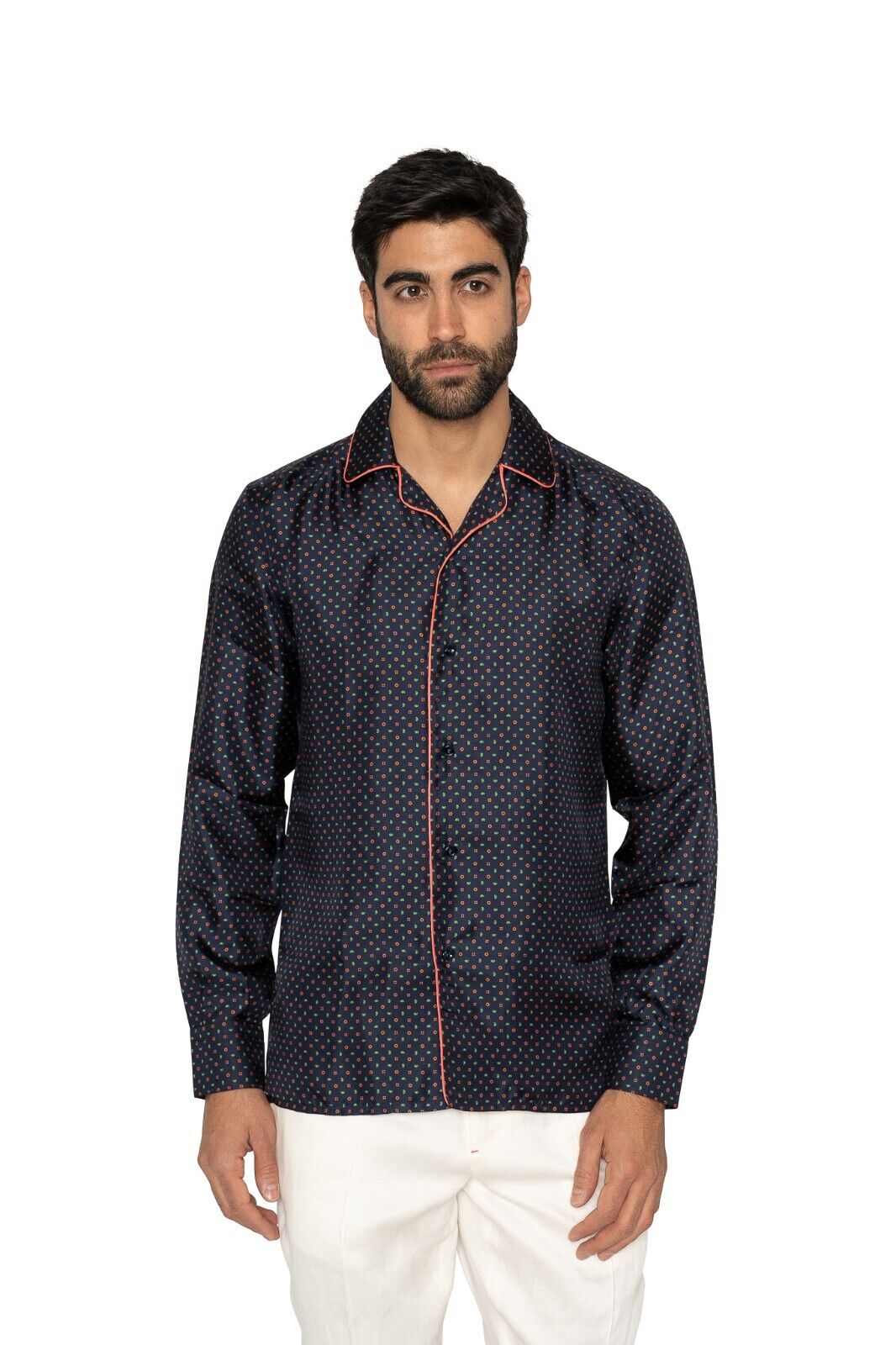 1400$ LUXURY MAROL BOLOGNA Camp Collar Shirt Blue Navy Floral  100% COMO SILK