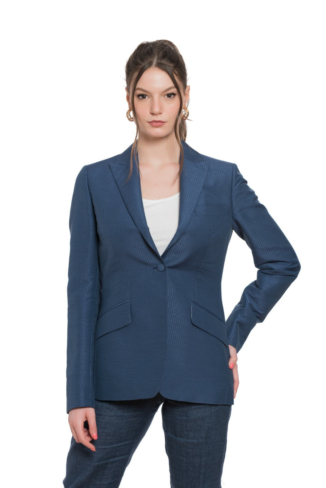 $2190 BELVEST Blue Micro Dots Jacquard Woman Jacket Blazer 42 IT / 6 US / 38 FR