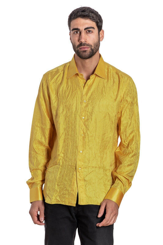 ITALIAN LUXURY 1400$ GERLIN Shirt Jacquard Gold 100% Silk 16-41  BIJAN