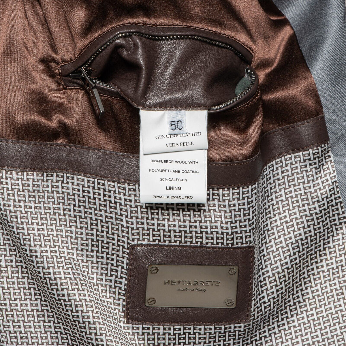 $4200 HETTABRETZ Gray Coat Wool Leather Silk Water-resistant 40 US / 50 EU Slim
