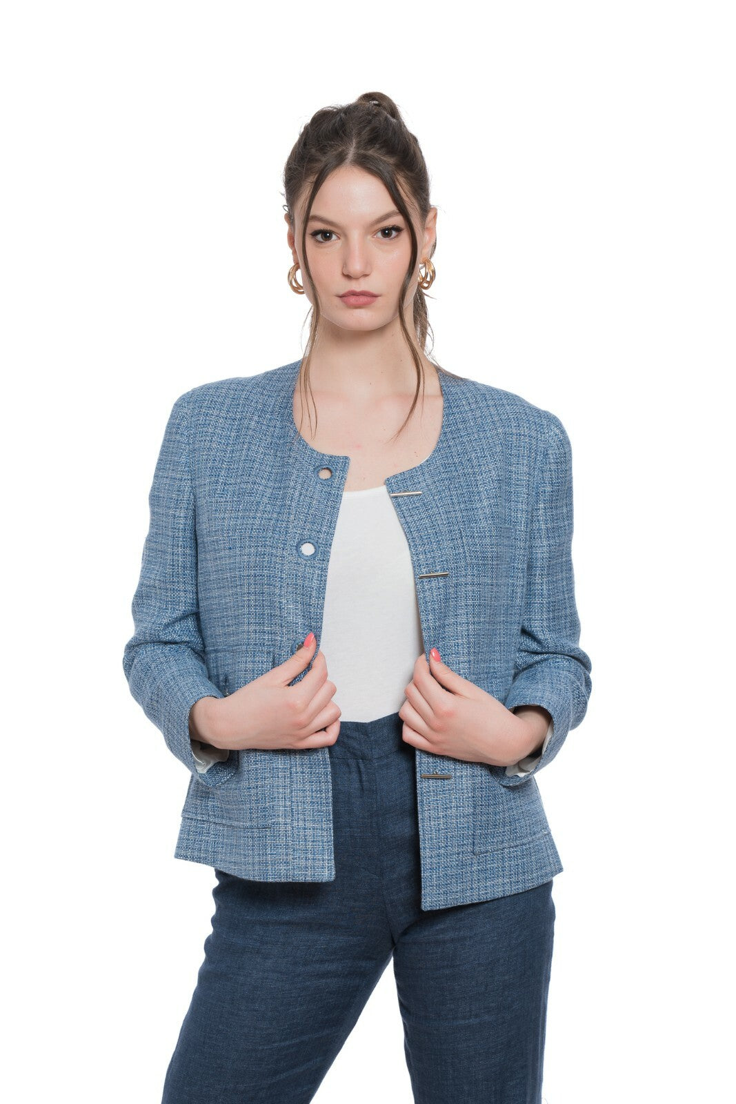 1650$ BELVEST Hemp + Wool Hopsack Blue Woman Blazer Jacket 42 IT / 6 US / 38 FR