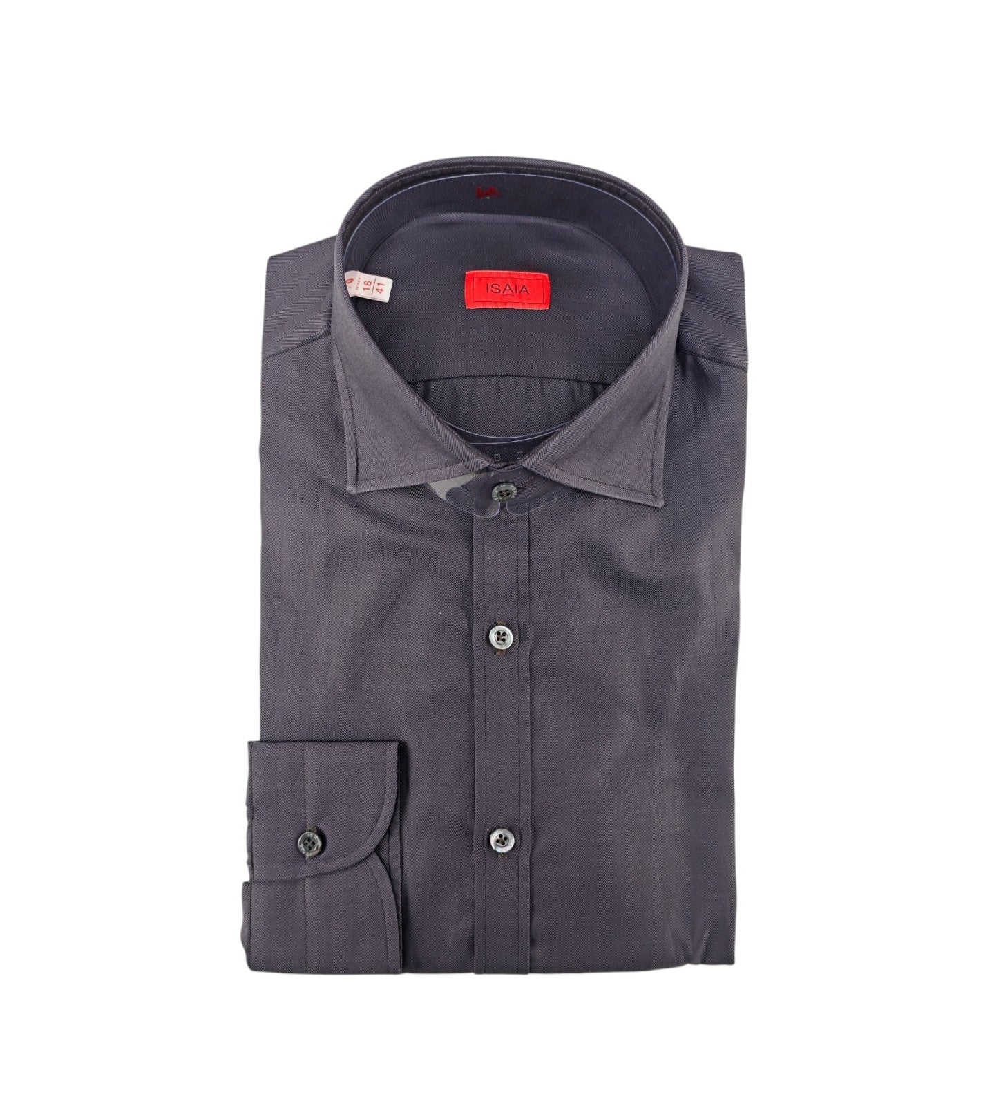 790$ ISAIA "Mix" Antracite Gray Dress Shirt Herringbone Hand-Sewn Fine Cotton