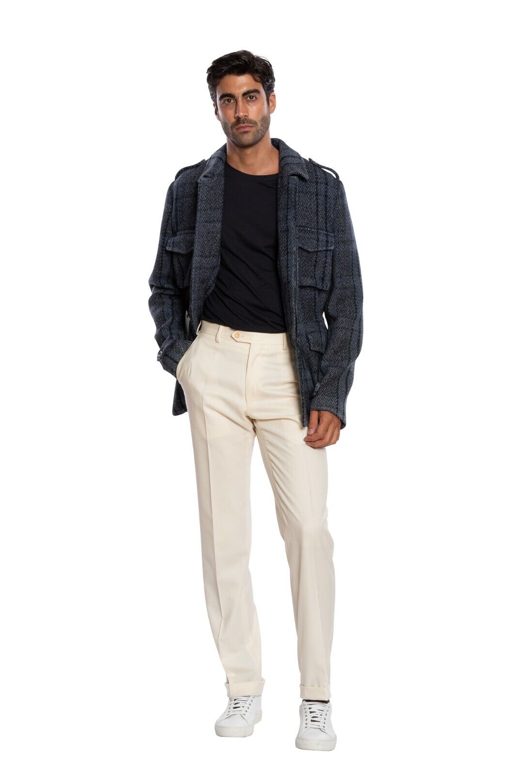 $1900 BOGLIOLI MILANO Blue Safari Coat Check Wool Silk Linen 40 US / 50 EU