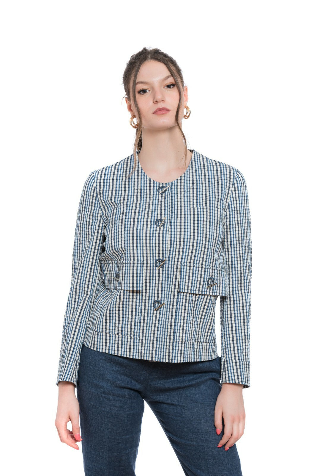 1650$ BELVEST Cotton Checks Seersuker Woman Blazer Jacket 42 IT / 6 US / 38 FR