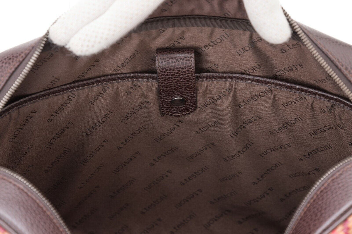 $1650 Testoni Bologna Brown Briefcase PC Case Bright Woven Karibu Calf 