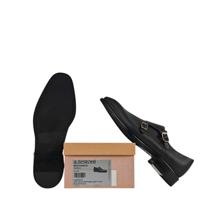 1250$ TESTONI Black Double Monk Shoes Saffiano Soft Calf 8 UK / 9 US / 42 IT