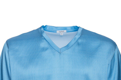750$ ITALO FERRETTI T-Shirt Blue "V-Neck" 100% Silk COMO Satin Size XL BIJAN