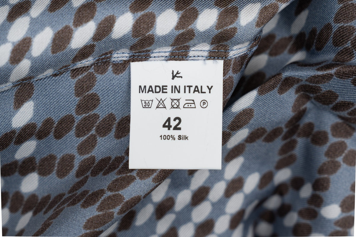 1250$ ISAIA NAPOLI Blue Geometric Shirt Camp Collar 100% Silk