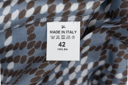 1250$ ISAIA NAPOLI Blue Geometric Shirt Camp Collar 100% Silk