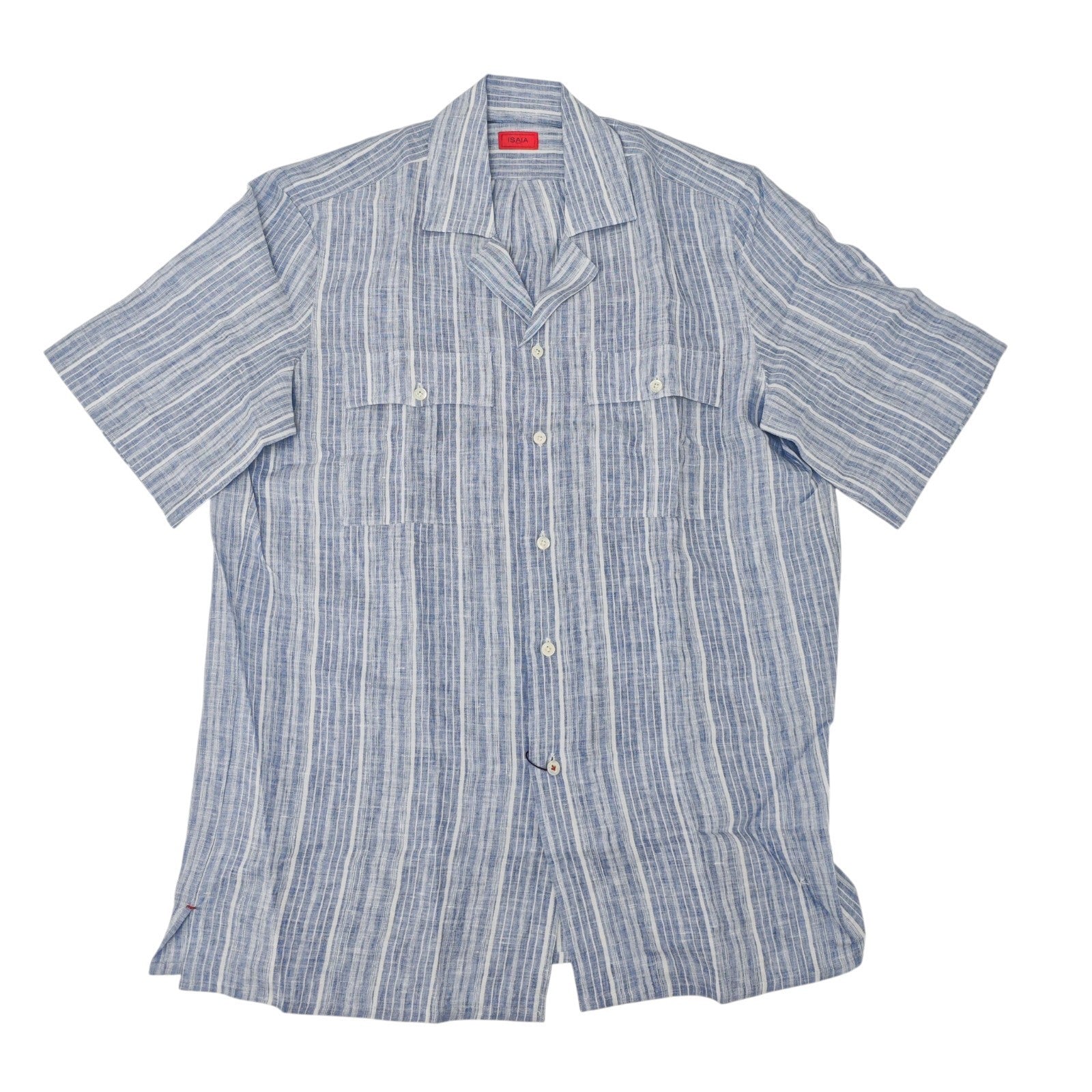 790$ ISAIA NAPOLI Blue Casual Shirt Camp Collar Short Sleeve 100% Linen 16 - 41