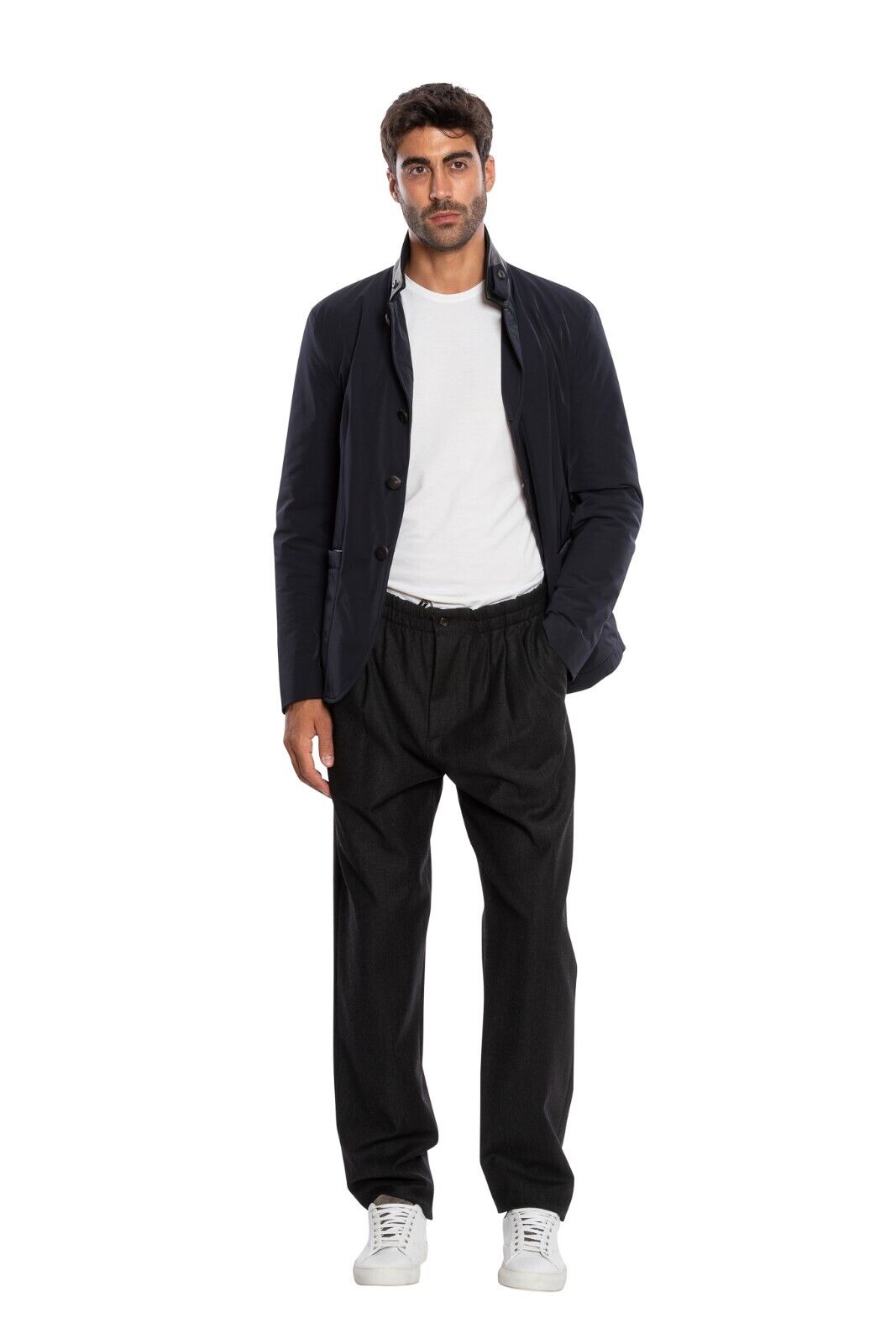 1900$ GIORGIO ARMANI Jacket Blouson Leather Details Dark Blue Water Repellent